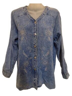 Vintage Embroidered Beaded Denim Blouse L Collarless Acid Wash 80s 90s Thailand